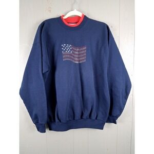 Vintage Americana Sweatshirt Womens Large Blue beaded USA Flag Granny 80s Casual